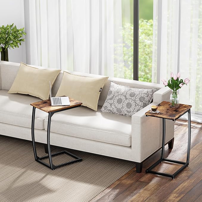 C-Shaped End-Table Set of 2 - Side Table for Couch,Curved Support Legs, Slide Under Couch Table for Sofa, TV Tray Table for Living Room Bedroom (Rustic Brown)