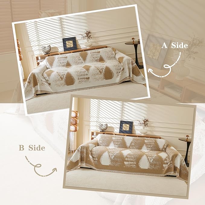 MYSKY HOME Couch Cover for Dogs Washable Khaki Rhombic Couch Sofa Protector Dogs Pets Friendly Chenille Geometric Sofa Covers Soft Durable Farmhouse Sofa Slipcovers, 71" X102"