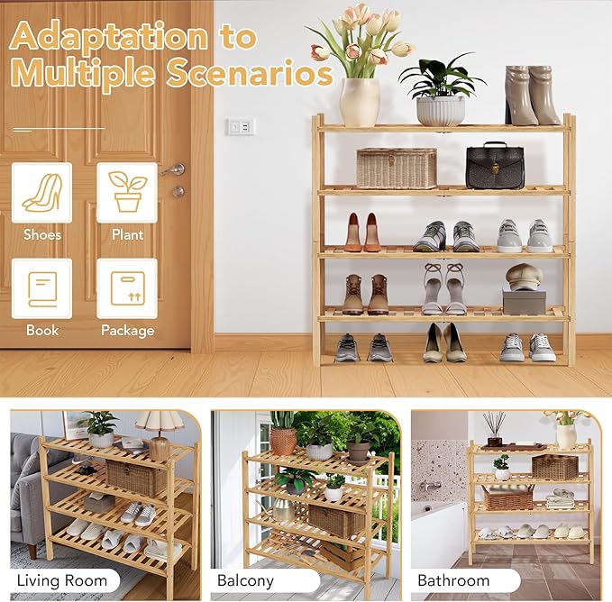 Haddockway 4 Tier Bamboo Shoe Rack Storage Organizer, Multifunctional Free Standing Stackable Shoe Shelf with Grid Panel for Closet,Hallway,Entryway,Small Space 27"x11"x26" (Natural, 4 Tier)
