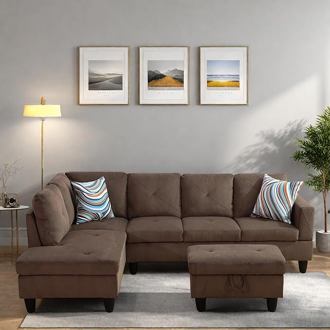 L Shaped Sectional Couches, Modern Modular Sectional Sofa for Living Room Bedroom Furniture, Comfy 4 Seat Couch with Ottoman Storage & Chaise, Brown