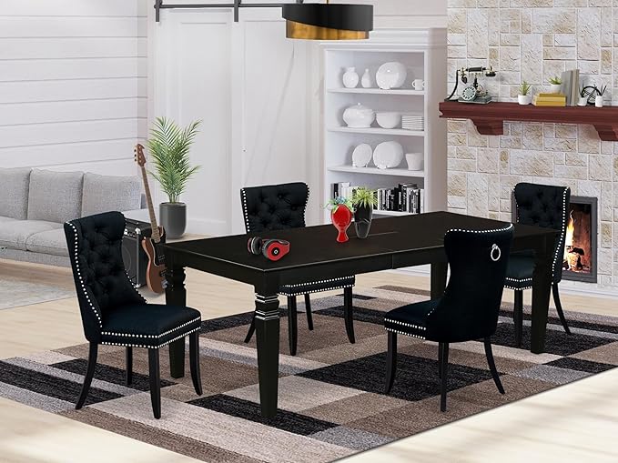 East West Furniture LGDA5-BLK-24 5 Piece Kitchen Table Set Contains a Rectangle Dining Table with Butterfly Leaf and 4 Polyester Fabric Upholstered Chairs, 42x84 Inch, Black