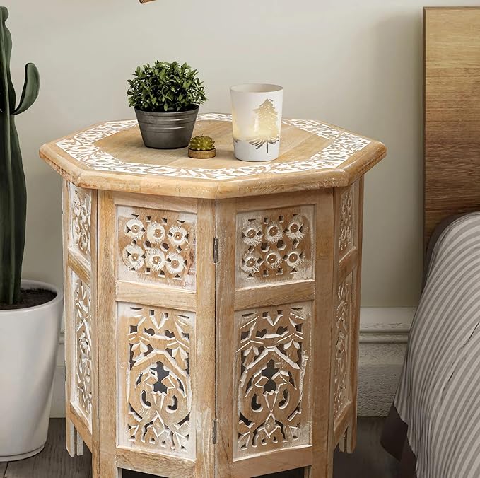 The Wooden Town Side Tables– Hand Carved Vintage Boho Folding End Tables for Living Room, Entryway, Living Room, Bedroom – No Tools Assembly, 18"x18" Octagon, White wash Finish
