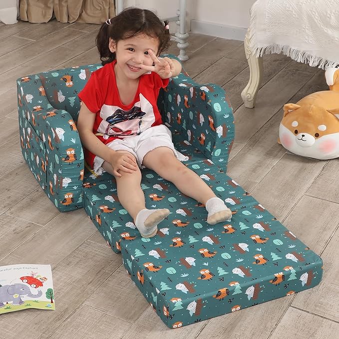 Happy Owl Kids Sofa, 2-in-1 Kids Couch Fold Out, Convertible Sofa to Bed for Girls and Boys