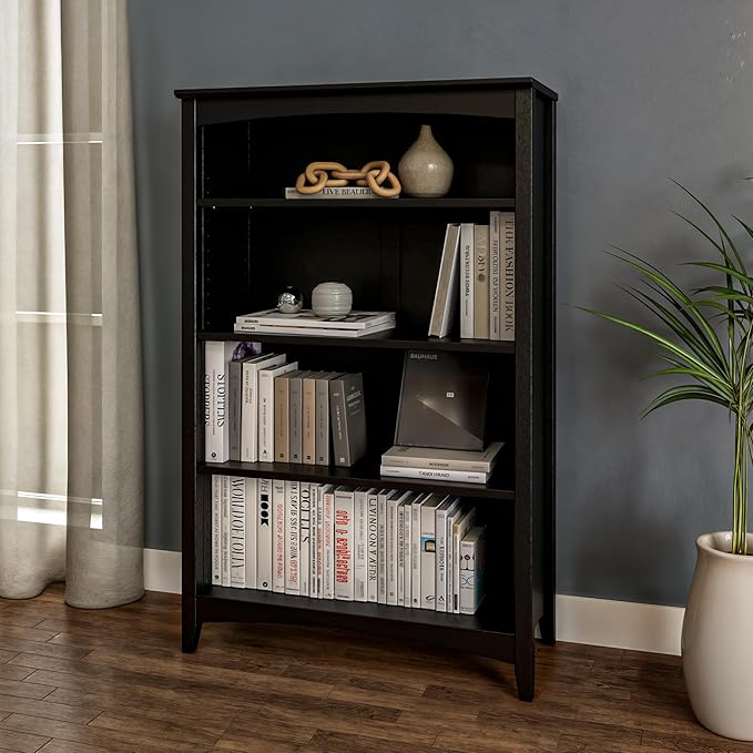 Camaflexi Shaker Style 4 Shelf Bookcase/Solid Wood / 48" High/Adjustable Shelving/Closed Back/Display Bookshelf for Living Room, Bedroom, Home and Office, Black
