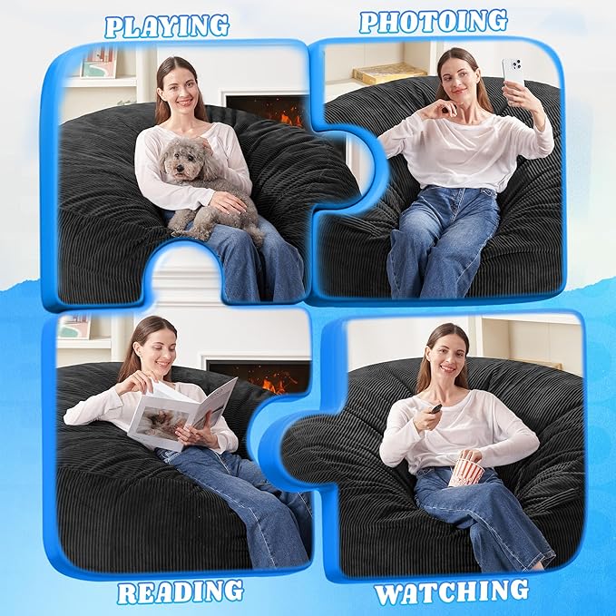 HABUTWAY 6FT Bean Bag Chair,Giant Bean Bag Chairs for Adults,Big Bean Bags with Memory Foam Filled, Large Beanbag Chairs with Soft Corduroy Cover-Black