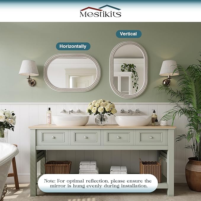 Boho Oval Mirror, 24" x 48" White Beaded Tall Farmhouse Mirrors Antique Oval Bathroom, Wooden Rustic Decorative Mirror for Wall, Bedroom, Dining Room, Hallway
