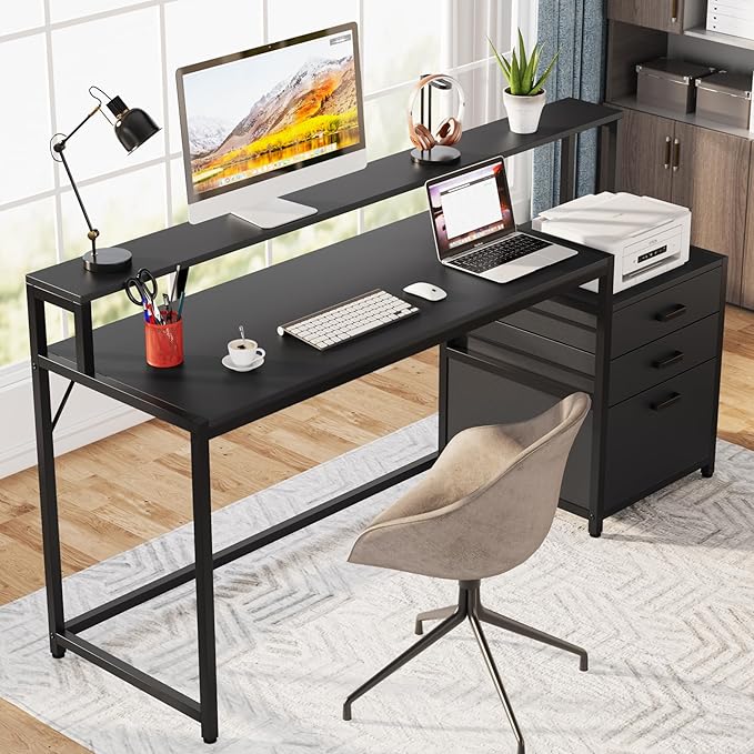 Tribesigns 63 Inch Computer Desk with File Drawer Cabinet, Ergonomic Office Desk with Monitor Stand, Industrial Computer Table with Printer Space, Wood PC Table Workstation Desks for Home Office