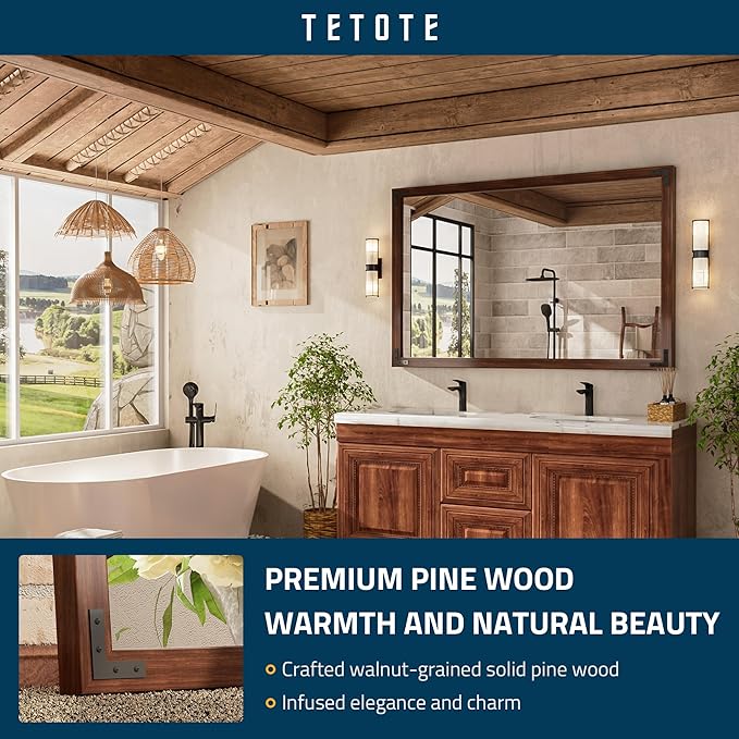 TETOTE 55 x 36 Walnut Wooden Mirror for Bathroom Wall/Bedroom/Living Room/Entryway Farmhouse Rustic Bathroom Vanity Mirror Waterproof (Horizontal/Vertical Mounted)