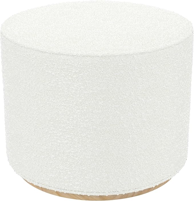 Bouclé Ottoman with Wooden Base – 22” Round Upholstered Footrest, Cream Textural Fabric, Modern Accent Stool for Living Room & Bedroom