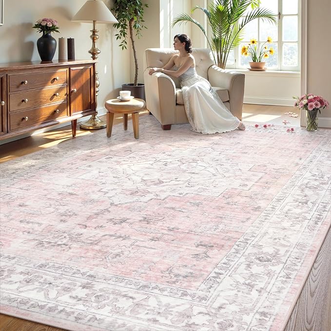 LIVEBOX Pink 9x12 Area Rug for Bedroom Girls, Boho Washable Rugs for Living Room Nursery, Non-Slip Indoor Soft Carpet Low-Pile Farmhouse Carpets for Dining Room Kids Playroom, Pink