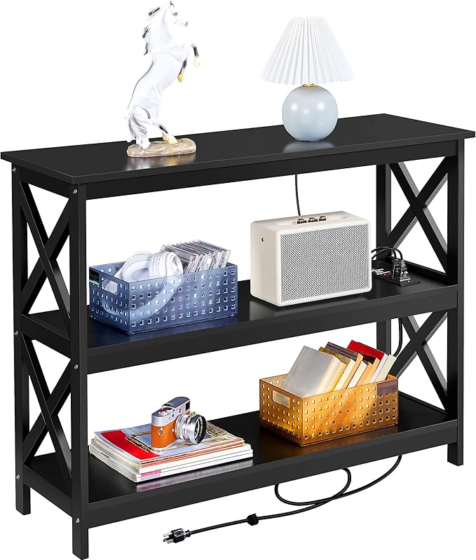 Yaheetech Entryway Table with Storage Shelves, Console Table with Power Outlets and USB Ports, Wood Narrow Sofa Tables with X-Shaped Design for Living Room/Hallway/Couch, Black