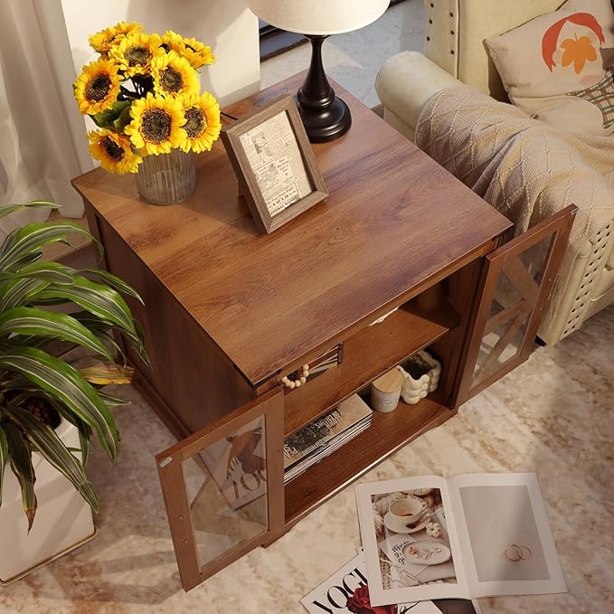Farmhouse End Table, 24" Large End Tables with Storage, Rustic Square Sofa Beside Table with Glass Barn Door, Wood Side Table Square Nightstand for Living Room, Bedroom, Office (Vintage Brown)