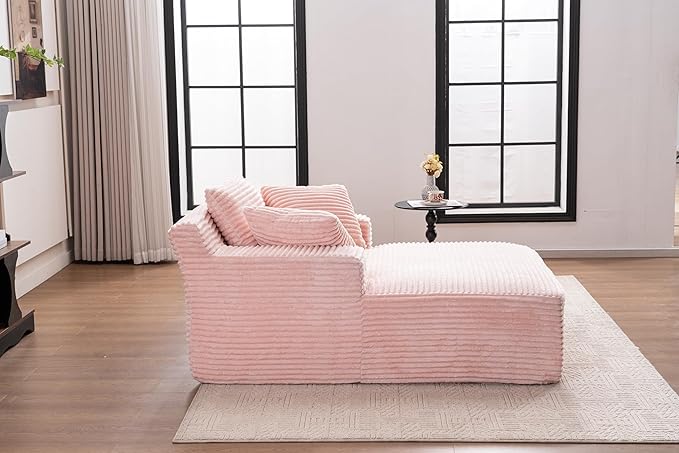 Oversized Chaise Daybed Lounge Sleeper Chair Sofa Bed Indoor, Fluffy Corduroy Upholstered Sleeper Recliner Sofabed Extra Wide Full Foam Cloud Sofabed W/3 Pillows for Home/Apartment Living Room Bedroom