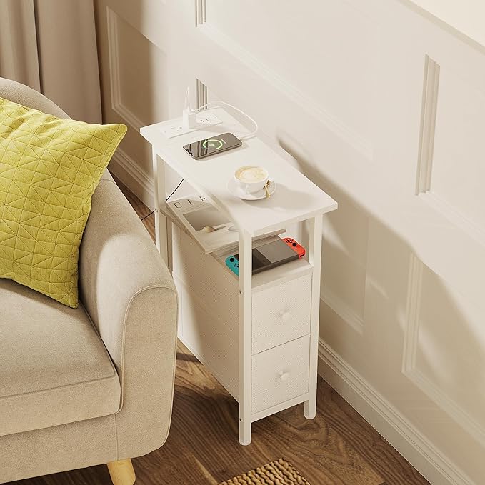 End Table Set 2 with Charging Station, Narrow Side Table with 2 Fabric Drawers, Skinny Nightstand with LED Light, Slim Bedside Table for Bedroom, Living Room, Small Spaces, White