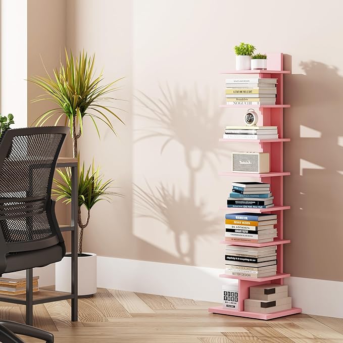 TUTOTAK Bookshelf, 8-Tier Bookcase, Narrow Spine Book Shelf for Small Space, Corner Standing Shelf for Living Room, Office, Study, Entryway, Pink BS06BP008