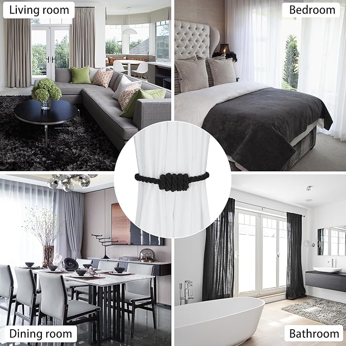 BEL AVENIR Magnetic Cotton Curtain Tiebacks, Decorative Drapery Holdbacks Modern Woven Tie-Backs with Exquisite Knot (Black Cotton, 6 Pack)