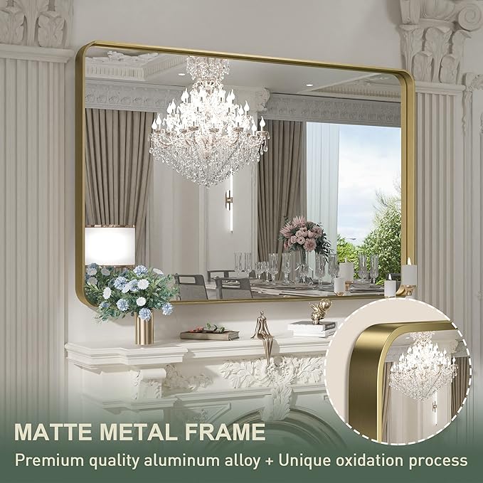 TokeShimi 48x36 Inch Brushed Gold Bathroom Vanity Mirror for Wall with Non-Rusting Aluminum Alloy Metal Frame Rounded Corner for Farmhouse Modern Home Decor (Horizontal/Vertical)