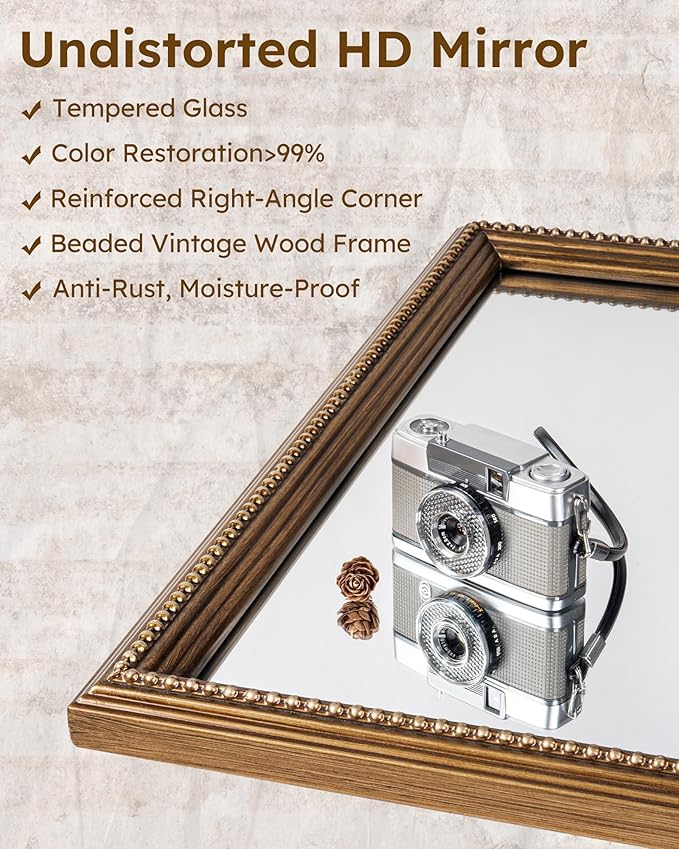 Axeman 24x36 Wood Wall Mirror, Rustic Bathroom Mirror, Vintage Wall Mounted Mirror Tempered Glass with Beaded Wooden Frame for Farmhouse Living Room Vanity Bedroom Entryway, Bronze