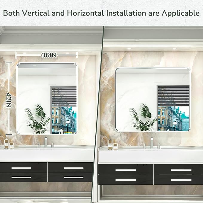 TokeShimi 42x36 Inch Brushed Silver Bathroom Mirror for Wall Brushed Brass Metal Rounded Corner Rectangle Mirror Metal Frame Deep Set Design Hangs Horizontal Or Vertical