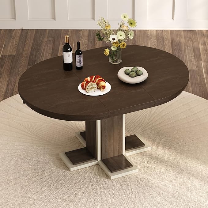 Mid-Century Modern Extendable Round Table with 16" Removable Leaf, Expandable Circular to Oval (42" to 58") Solid Wood Tabletop with Cross Design Trestle Legs for Kitchen Dining/Living Room