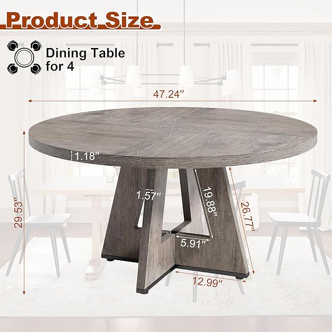 Round Dining Table for 4, 47 Inch Dinner Table Farmhouse Wooden Circle Kitchen Tables with Cross Base for Dining Room, Kitchen, Living Room, Gray