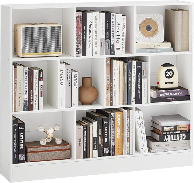 YAHARBO White 10 Cube Bookshelf,3 Tier Modern Horizontal Bookcase,Wooden Low Book Shelf Display Storage Cabinet with Base,Floor Standing Short Bookshelves Open Organizer for Bedroom,Living Room,Office