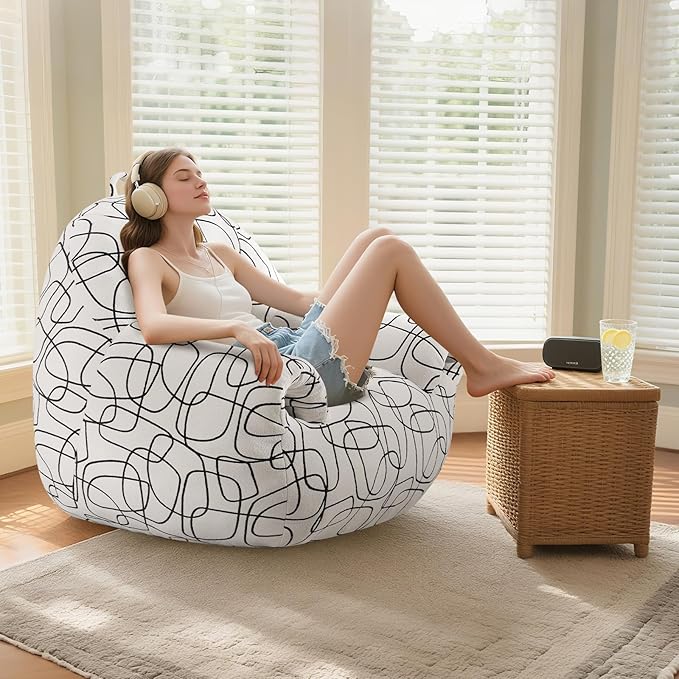 DAICO Bean Bag Chairs for Adults Bean Bag Sofa with Armrests Comfy Accent Chair White Single Lazy Floor Sofas with Foam for Living Room Reading Bedroom Gaming Office (Stripe Pattern)
