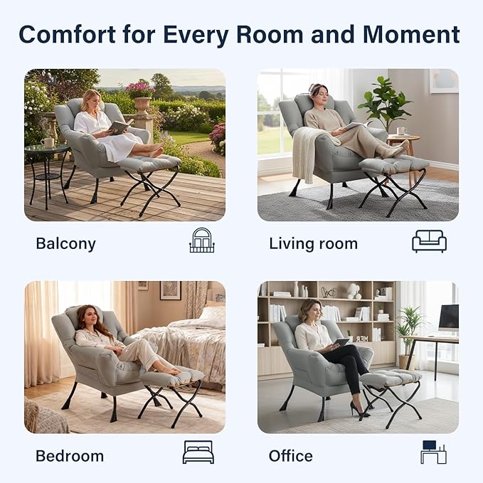 Lazy Chair with Ottoman, Modern Accent Chair Contemporary Lounge Leisure Sofa Chair with Armrests, Reading Chair and Folding Footstool Set for Living Room, Bedroom, Office, White Grey