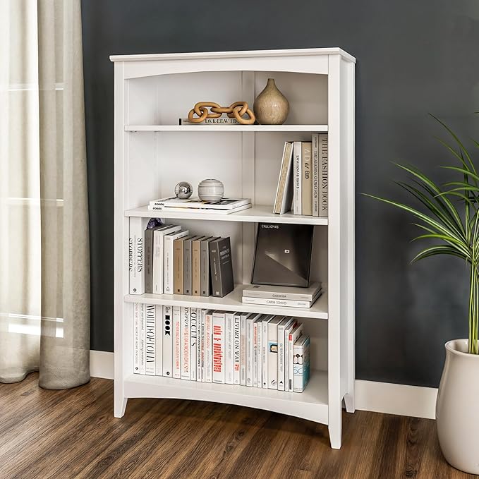 Camaflexi Shaker Style 4 Shelf Bookcase / Solid Wood / 48 inch High / Adjustable Shelving / Closed Back / Display Bookshelf for Living Room, Bedroom, Home and Office, White