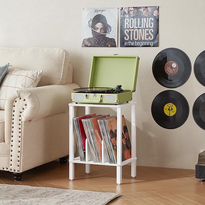 LELELINKY 2-Tier Bamboo Record Player Stand Set of 2 with Vinyl Record Storage up to 100 Albums, Boho Bedroom Record Holder and Multi-Functional End Table for Living Room, White