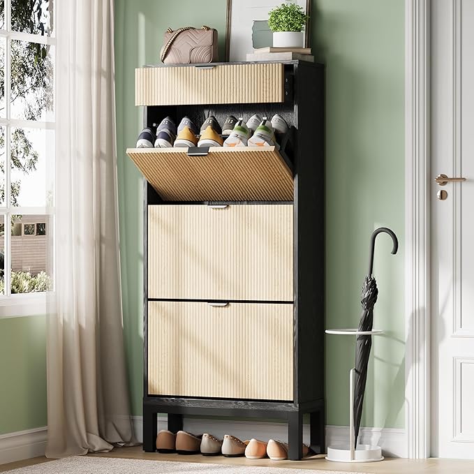 GarveeHome Shoe Cabinet with 3 Flip Doors & 1 Drawer, Entrance Wooden Shoe Rack with Iron Legs, Slim Shoe Storage Cabinet, Modern Fluted Shoe Organizer for Entryway Hallway, Black+Oak