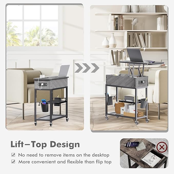 Colima Lift Top End Table with Charging Station and Wheels, Sofa Side Table with USB Port & AC Outlets, Movable Bedside Nightstand with Side Bag for Office Living Room Bedroom(Gray)