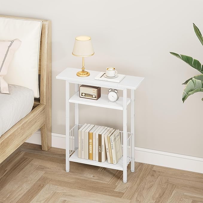 Vagusicc Narrow Side Table, Skinny Side Table for Couch, 3-Tier Small End Table for Small Spaces, Bed Side Tables with Storage, 25.2" Tall Slim Nightstand Bedside table for Living Room, Bedroom, White