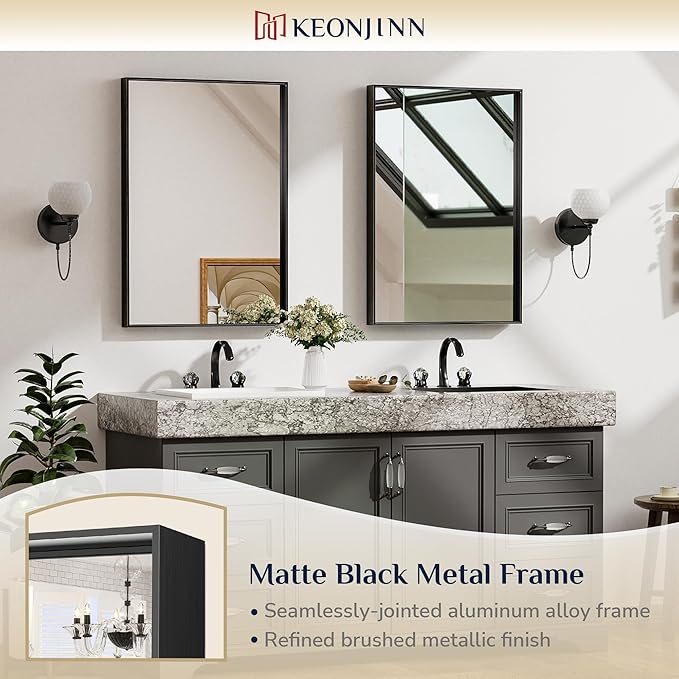 Keonjinn Black Bathroom Mirror for Over Sink 16 x 24 Inch Small Rectangle Vanity Mirror Metal Framed Mirror Brushed Black Wall Mount Modern Farmhouse Bathroom Mirror(Horizontal/Vertical)