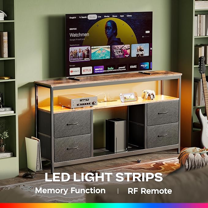 Huuger TV Stand Dresser with Power Outlets and LED Lights, 4 Drawers Entertainment Center with Shelves, 54 Inch Media Console for 55 60 Inch TV, PU Finish, Rustic Brown and Black