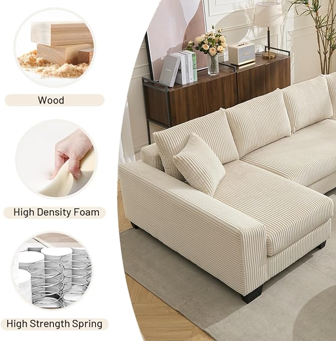Symmetrical U Shaped Sectional Sofa Convertible Pull Out Sleeper Sofabed with Double Chaise Daybed , Corduroy Upholstered U Shaped Lounge Sofa Couch Bed w/ Throw Pillows for Living Room Apartment