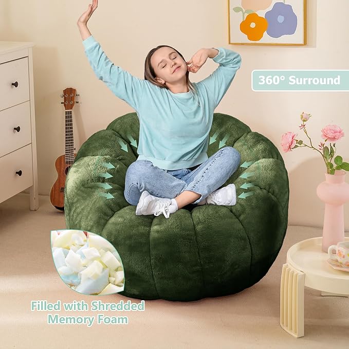Pumpkin Bean Bag Sofa Chair, Bean Bag Chair with Filler for Teens, Kids, Toddler, Comfy and Lazy Sofa for Dorm, Apartment, Living Room and Bedroom, Dark Green