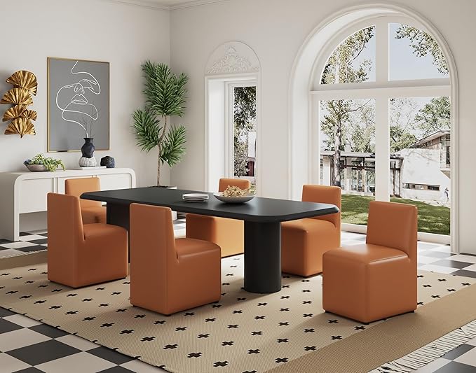 Manhattan Comfort Anna Square Modern Dining Chair with Head to Toe Faux Leather Upholstery and Plastic Foot Padding, Luxury Accent Furniture, Set of 2, Saddle