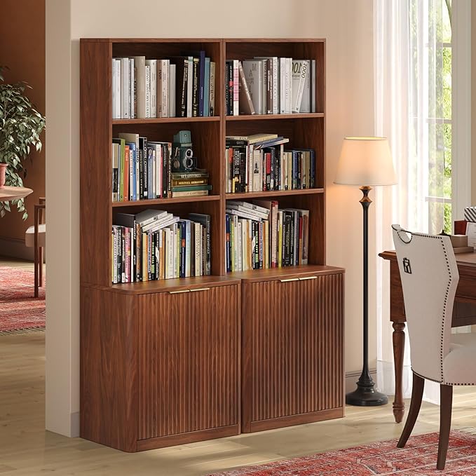 71" Walnut Bookcase with Doors, 5 Tier Fluted Tall Bookshelf with Storage, Librero with Cabinet for Home Office, Living Room,or Bedroom