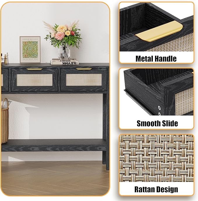 Entryway Table, Boho Console Table with 3 Storage Drawers and Storage Shelf, Sofa Table with Socket, for Entryway, Living Room, Behind Couch and Hallway (Black)