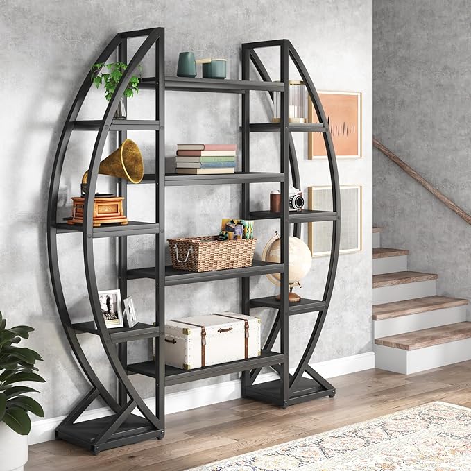 Tribesigns Oval Bookshelf, Triple Wide 5 Tiers Etagere Bookcases, Industrial Display Shelves for Living Room (55", Black)