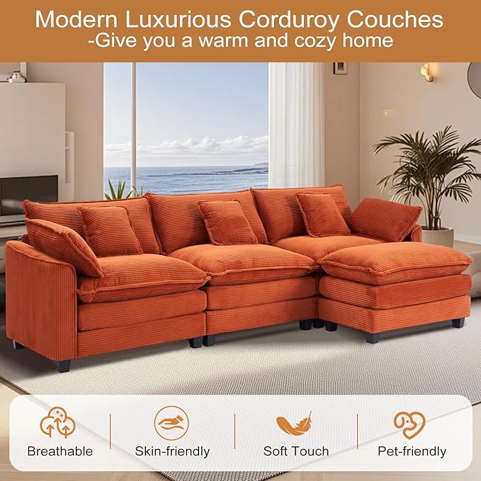 Furniliving 117‘’ L-Shaped Sofa, Luxury Corduroy Modular Sectional Couches with Ottoman, Upholstered Deep Seat Sleeper Sofa with Memory Foam and Waist Pillows, Orange