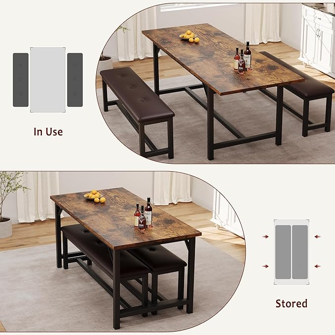 Dining Table Set for 4-6, 63“ Large Extendable Kitchen Table Set, Wood Rectangle Kitchen Table with 2 Soft Benches for Small Space, Apartment, Dinner,Saving Space, Retro Brown