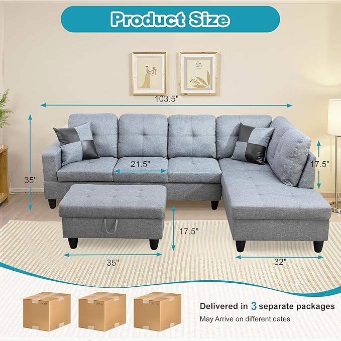 Couches for Living Room Modern L Shaped Couch Comfy Linen Fabric 3 Pieces Sectional Sofa with Chaise, Ottoman with Storage for Office and Small Apartment, Grey