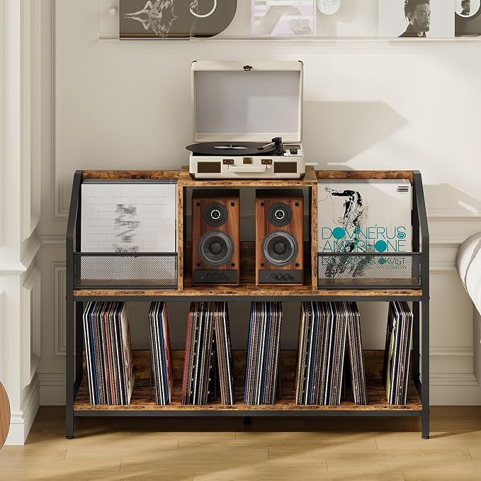 Large Record Player Table, Holds up to 400 Albums, Medieval Rustic Vinyl Record Player Display Stand, Removable Dividers, for CD and Audio Equipment Storage, Rustic Brown TCW77BF