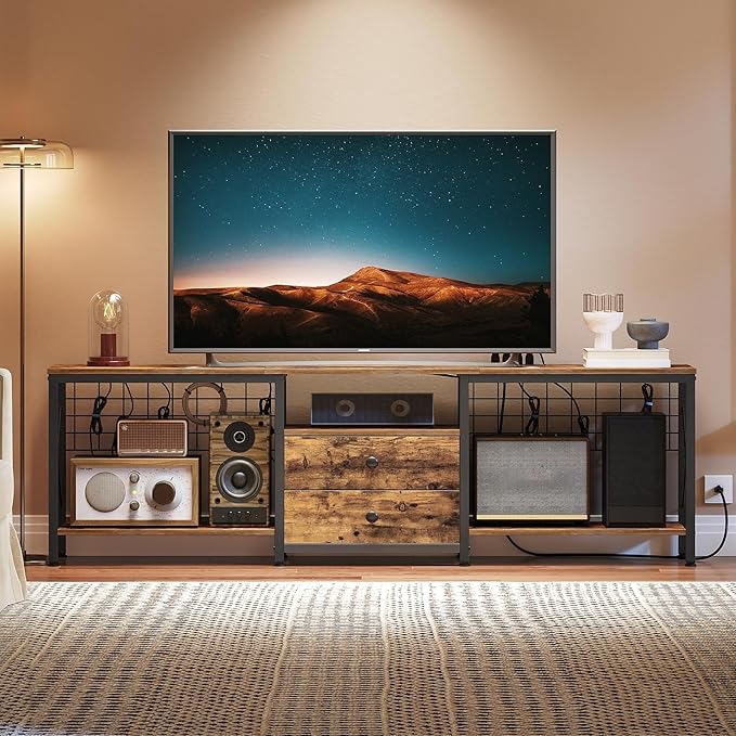TV Stand with Power Outlet Up to 75 Inch, Entertainment Center with 2 Fabric Drawers, TV Console Table with Open Storage Shelves for TVs, Cable Management, for Living Room, Bedroom, DS18UBRY1