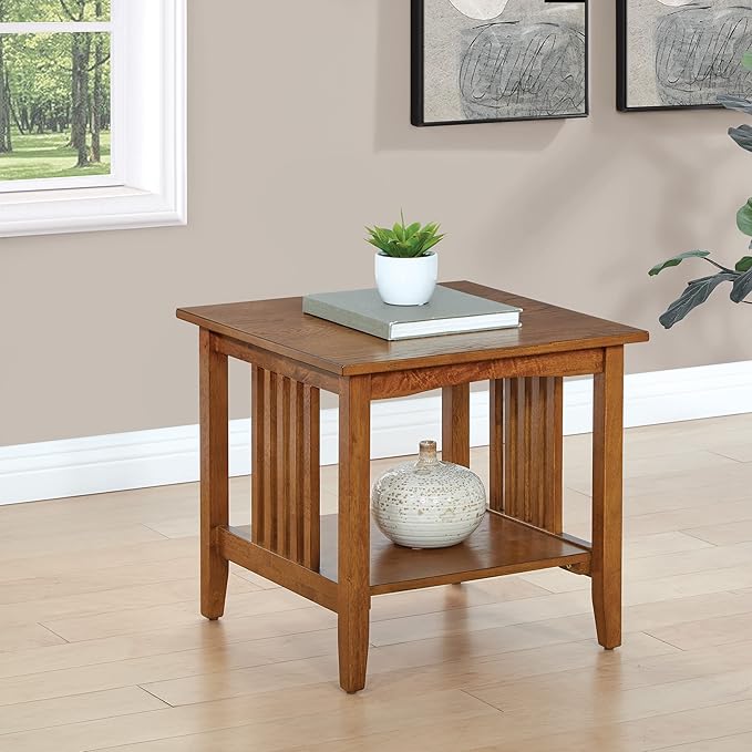 OSP Home Furnishings Sierra End Table with Lower Storage Shelf and Mission Style Side Panels, Ash Brown