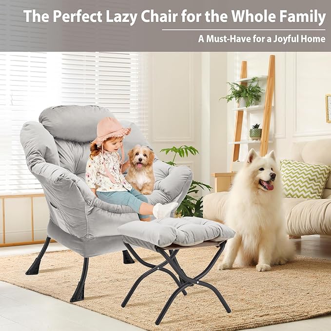 Lazy Chair with Folding Ottoman, Accent Chair Velvet Upholstered with Metal Structure and Non-Slip Pads, Sofa Armchair with Footrest and Side Storage Bag for Dorm, Room, Office, Light Gray