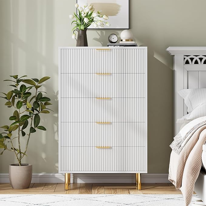 GarveeHome White Dresser, Modern 5 Drawer Dresser for Bedroom with Gold Handle and Large Drawer, Wood Double Chest of Drawers and Storage Organizer for Living Room, Hallway, Entryway