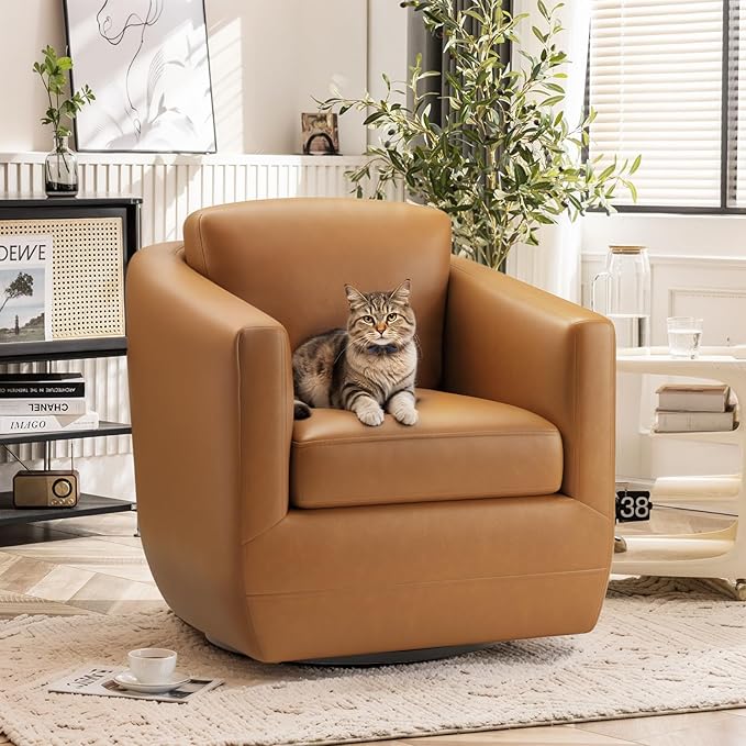 COLAMY 360° Swivel Accent Chair- Comfy Living Room Armchair No-Sag Foam & Sturdy Metal Base with Pillow, Fully Assembled Swivel Accent Single Sofa for Bedroom Living Room, Office, Brown